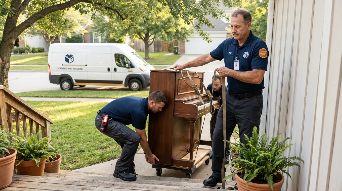 Licensed piano movers securing grand piano in Princeton, WV