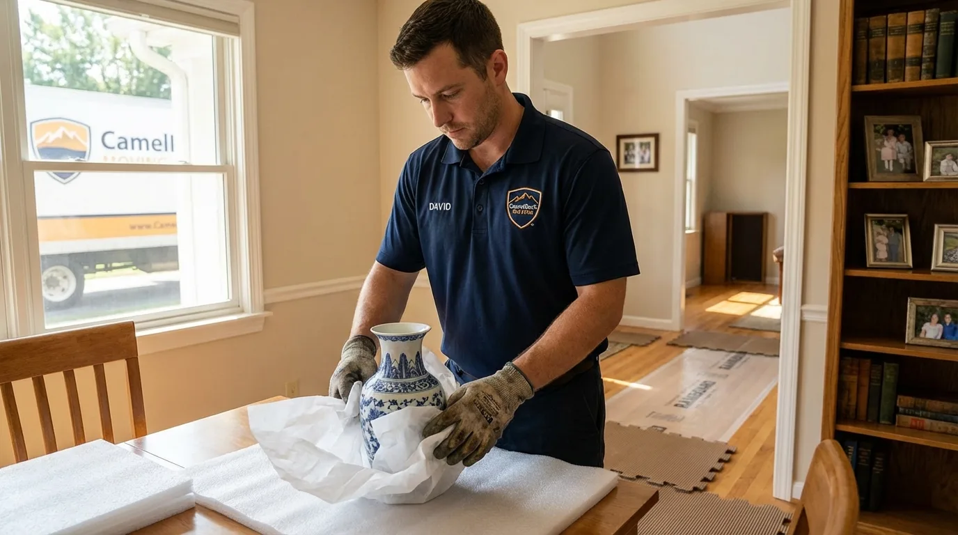 Professional crew carefully wrapping antique vase for senior downsizing move in Princeton, WV